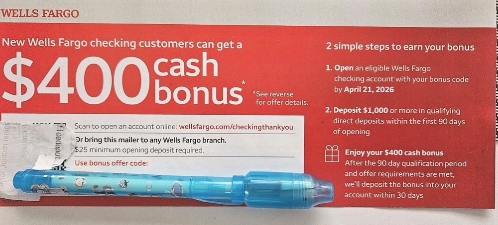 Wells Fargo Bank $400 Bonus Expires APRIL 2026 VOUCHER/ Offer-image