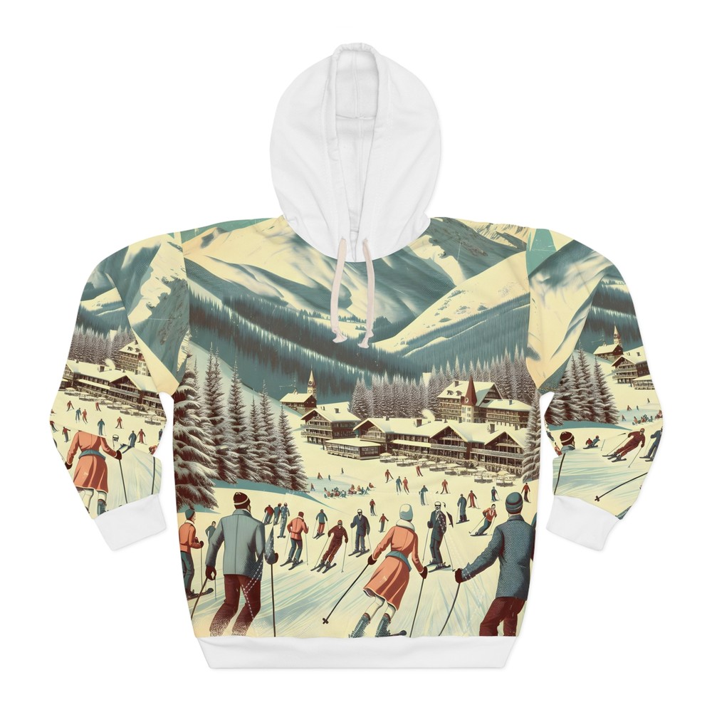 Vintage Ski Resort Hoodie All Over Print Pullover Snow Lodge Winter Scene Gear