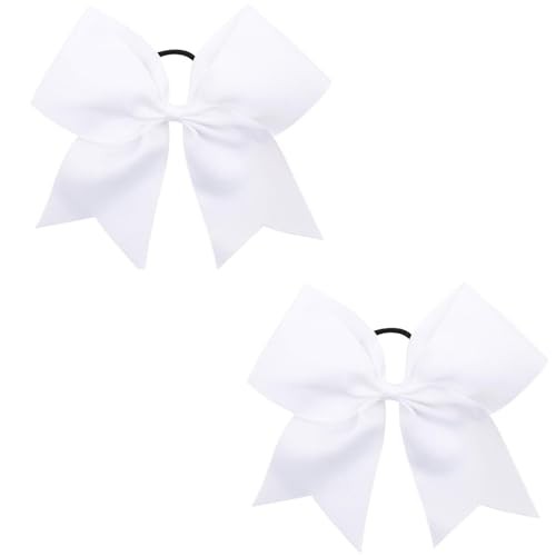 2 PCS 8 Inch Large Cheer Hair Bows Ponytail Holder Elastic Band Handmade White
