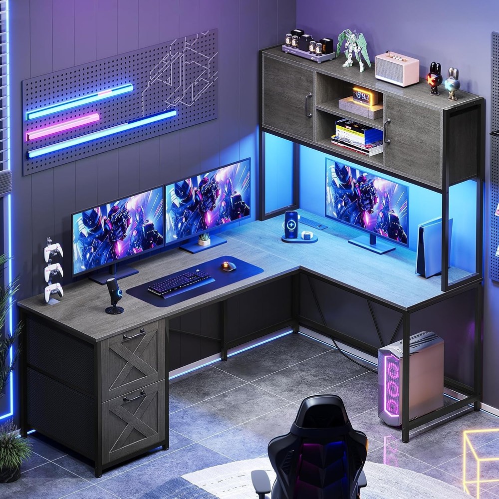 SEDETA L Shaped Gaming Desk, Reversible Computer Desk with Fabric Drawers and P