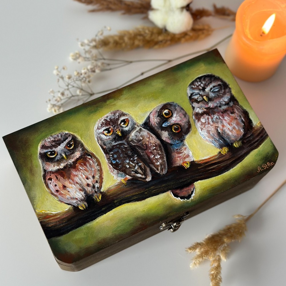 Hand-painted wooden owl jewelry trinket box with bird design