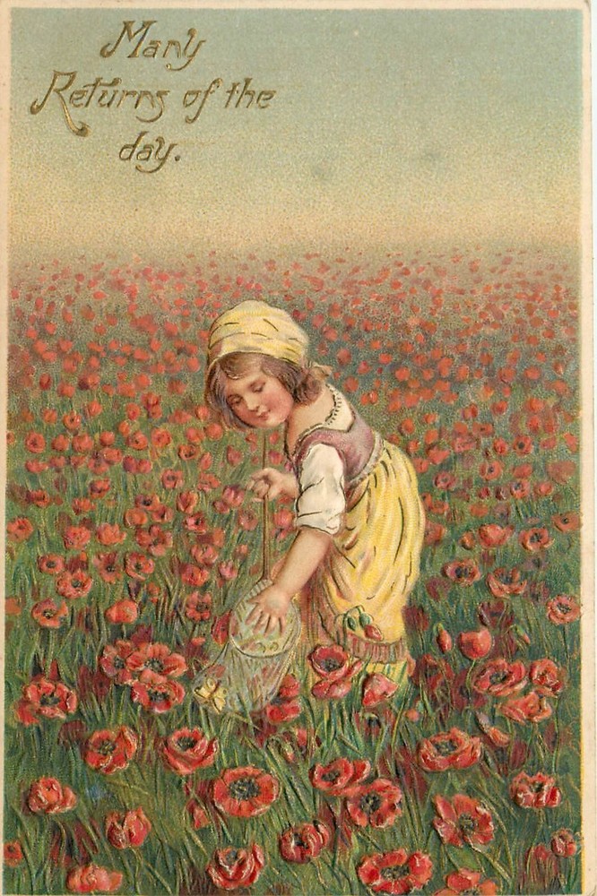 c1910 Girl poppy Field greeting floral embossed Postcard 25-3064