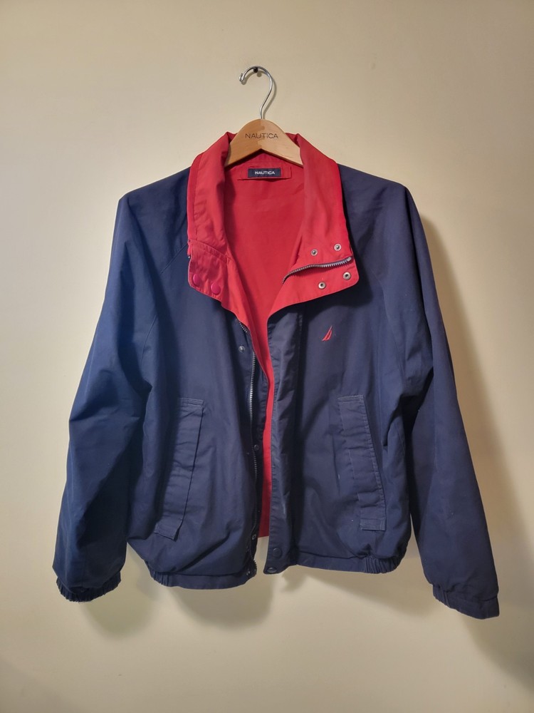 Nautica Men’s Jacket Size Large Navy Blue Red Collar Preowned Good Condition