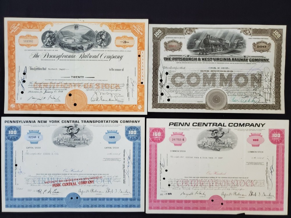 Explore rare US vintage railroad stock certificates including Penn RR, Pittsburgh & WV, and Penn Central