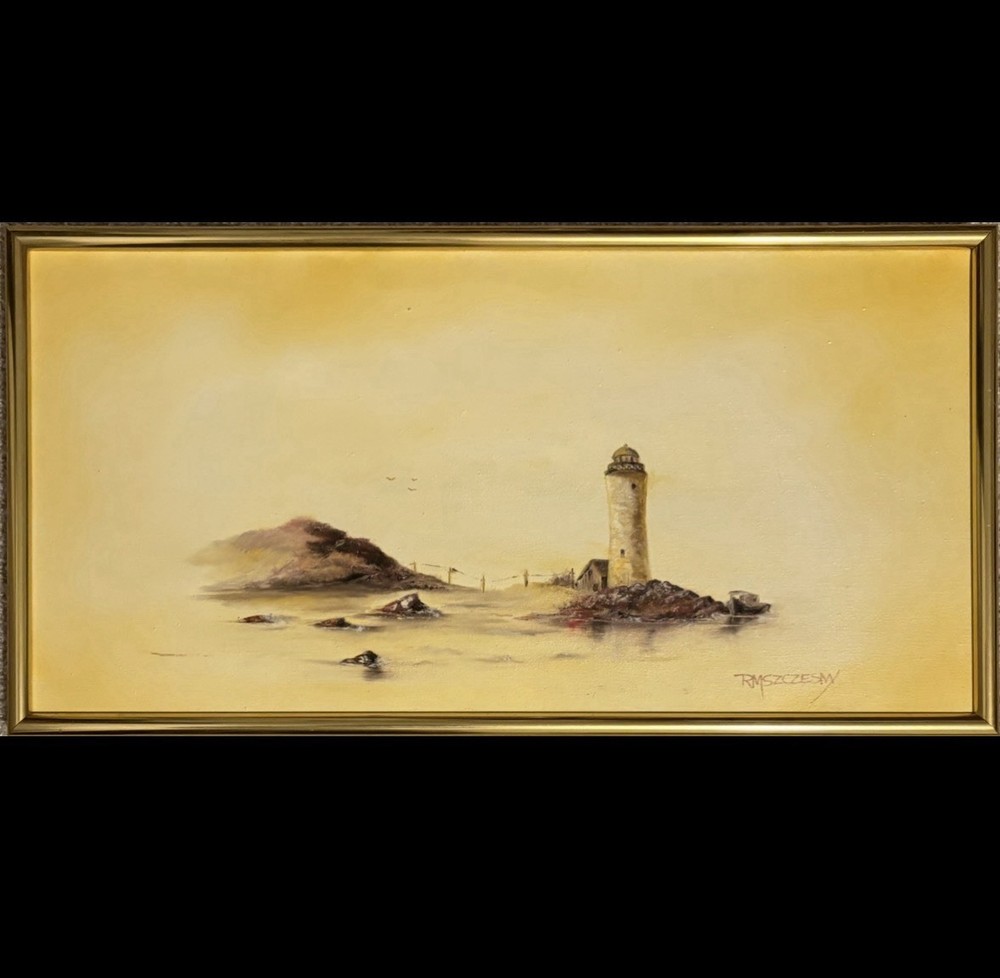 Framed Painting of Lighthouse and Seascape