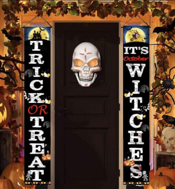 (2) Halloween Trick or Treat & It's October Witches Banner Signs Decorations Boo