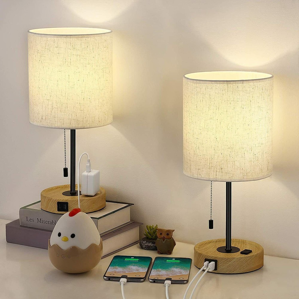 Set of 2 Dual USB Lamps with Pull-Chain Switch Table Lamps Wooden Bedside Lamps