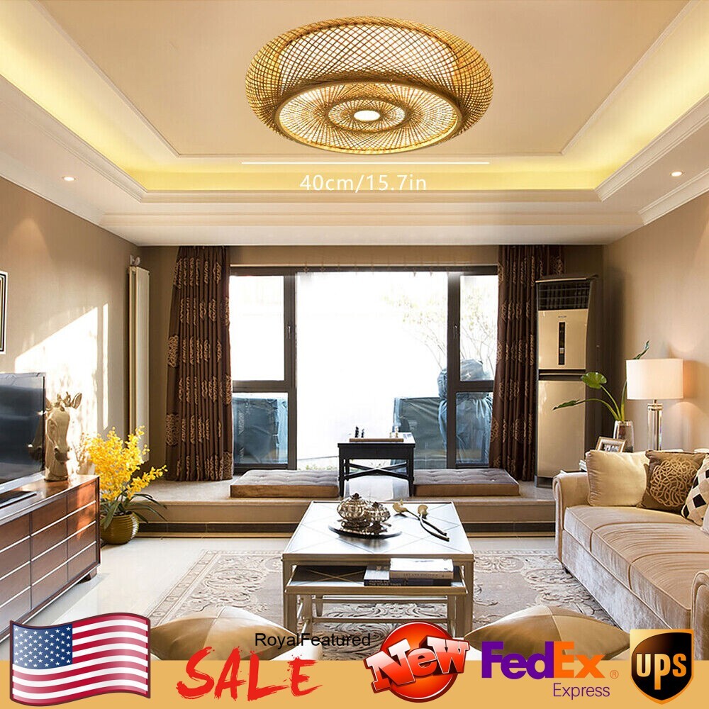 Bamboo Lantern Ceiling Light Fixture Rustic Flush Mount Chandelier Decor Lamp