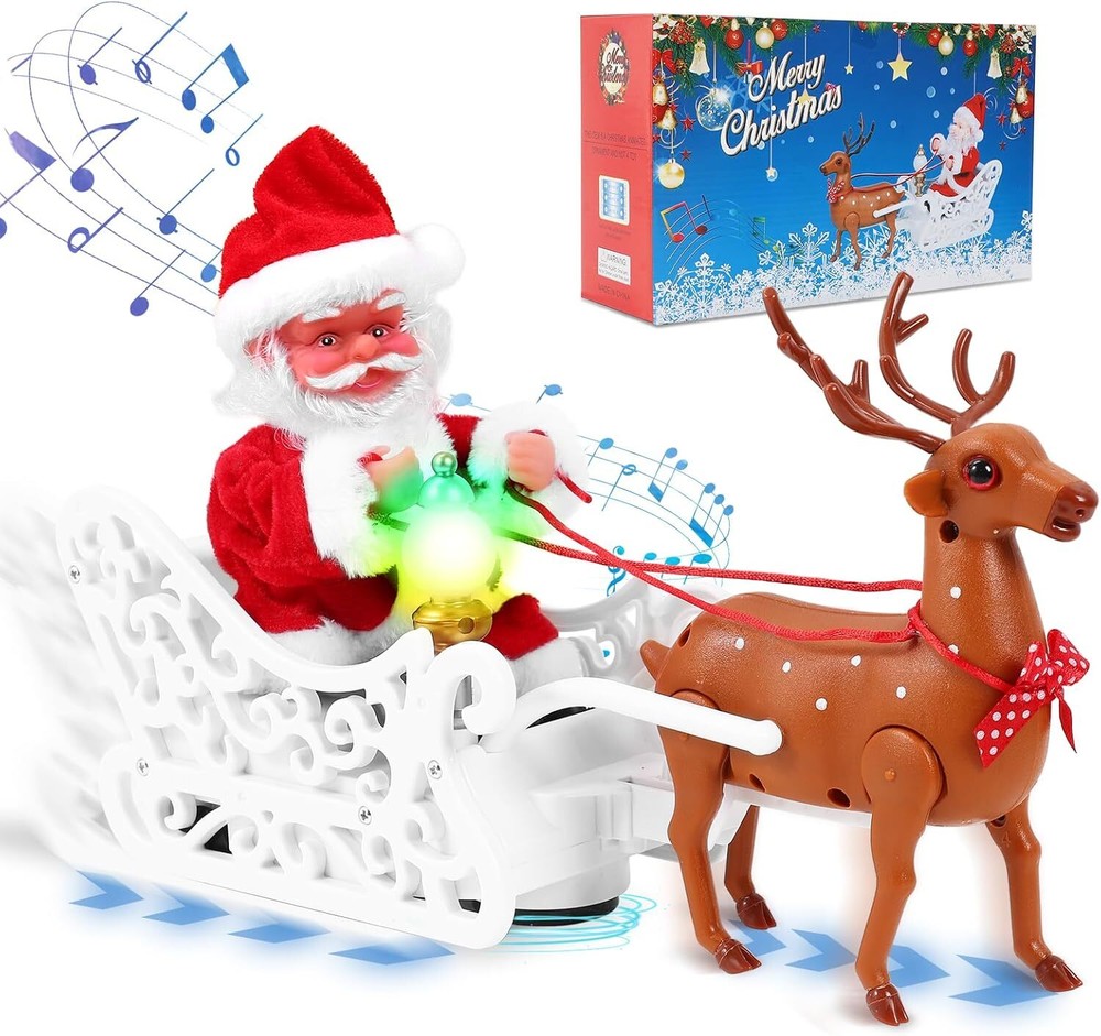 Electric Santa and Reindeer Sleigh Toys,Singing Dancing with Jingle Bell...