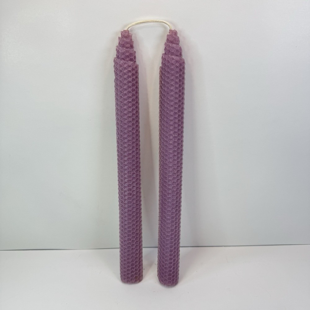 Pair Of Vintage Honeycomb Beeswax Candles 12” Tall Hand Rolled Purple Unscented