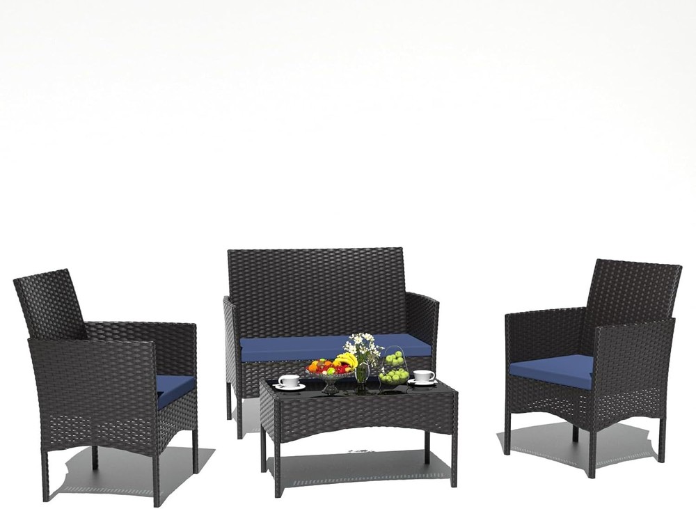 4 Piece Patio Rattan Conversation Set, Outdoor Rattan Chair Wicker Furniture Set