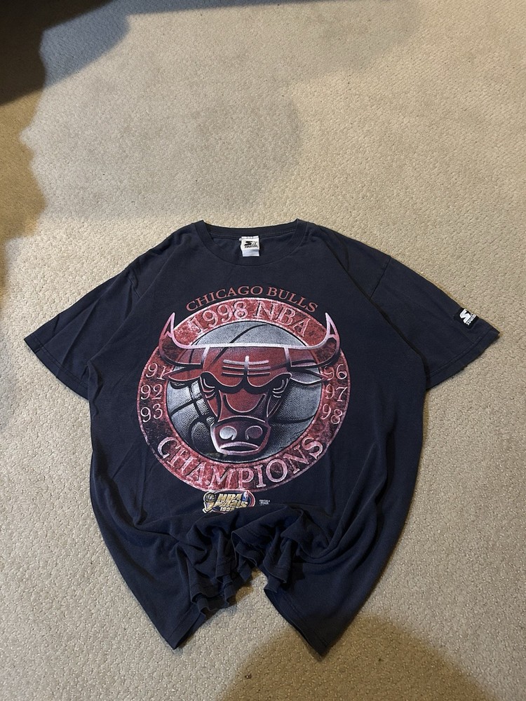 Vintage 90s Chicago Bulls Black 1998 Championship Starter T-Shirt Size Large
