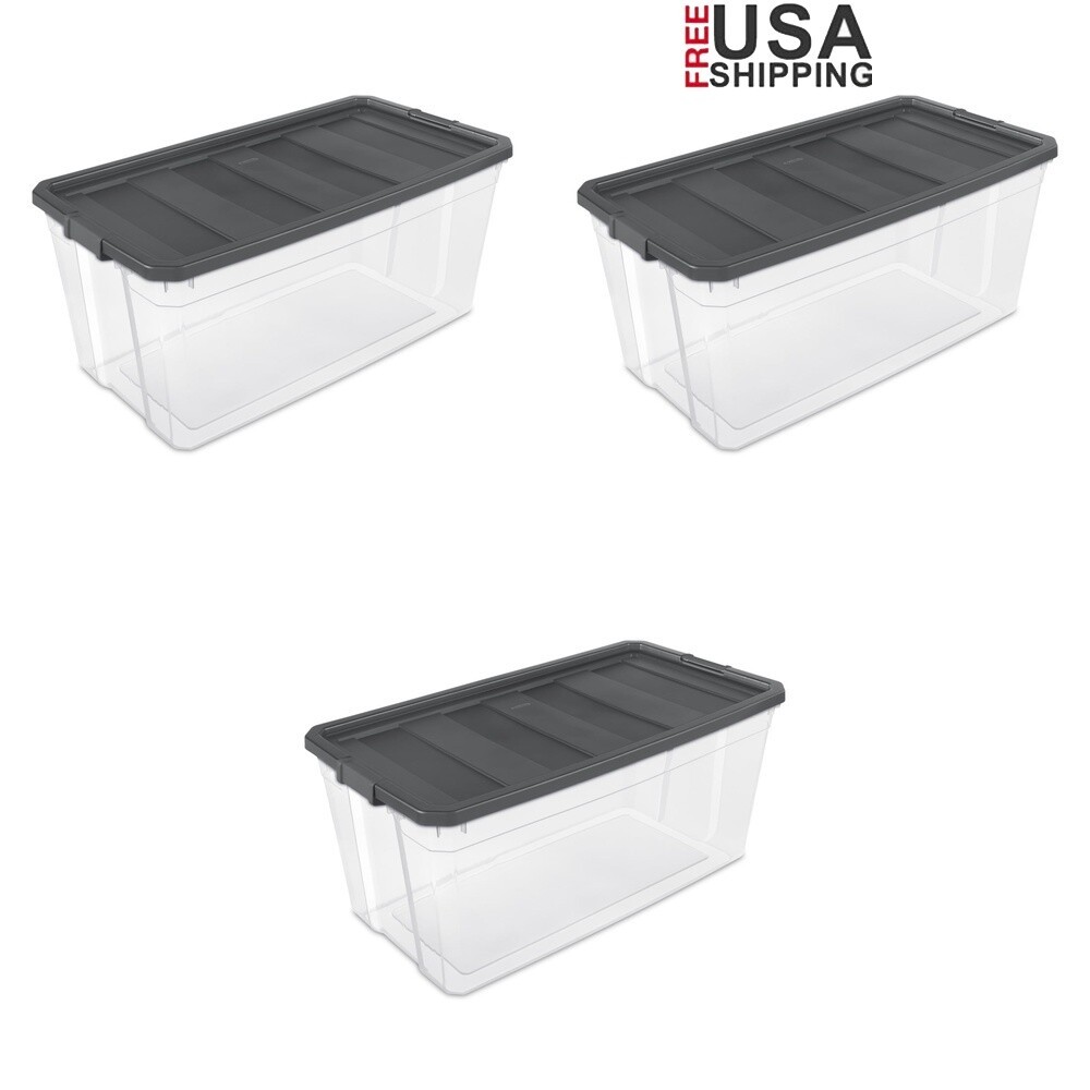 Durable 200 Qt Clear Plastic Stackable Storage Bin with Lid 3 Pack Heavy Duty US