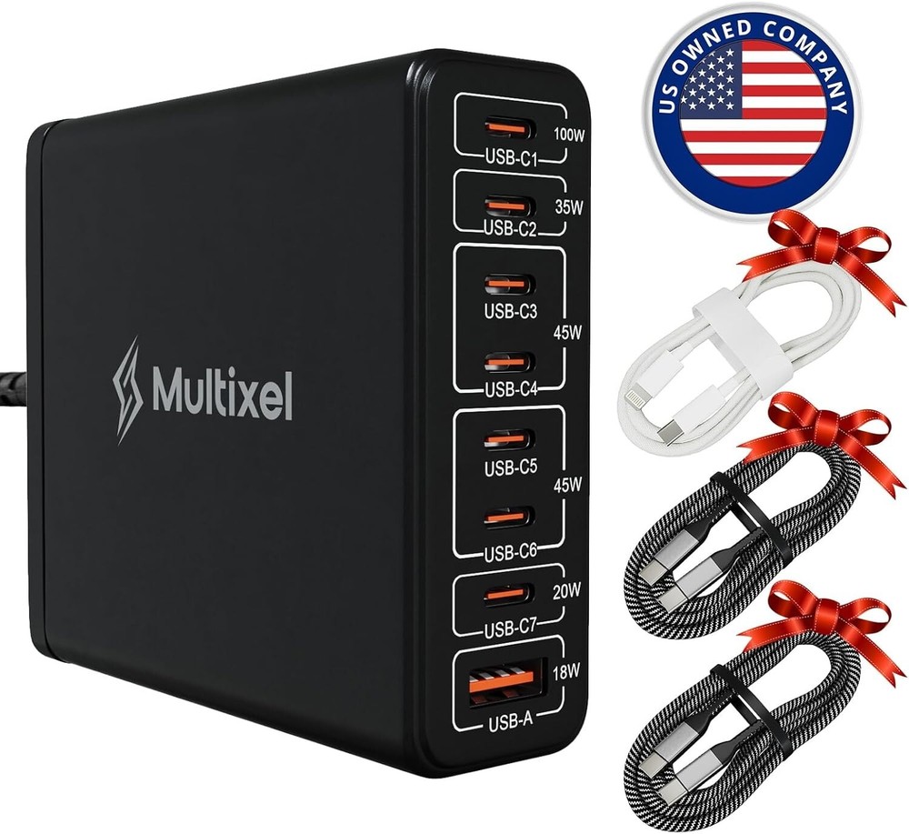 8-Port USB-C Fast Charging Hub with Nylon Cables Compatible with MacBook iPhone