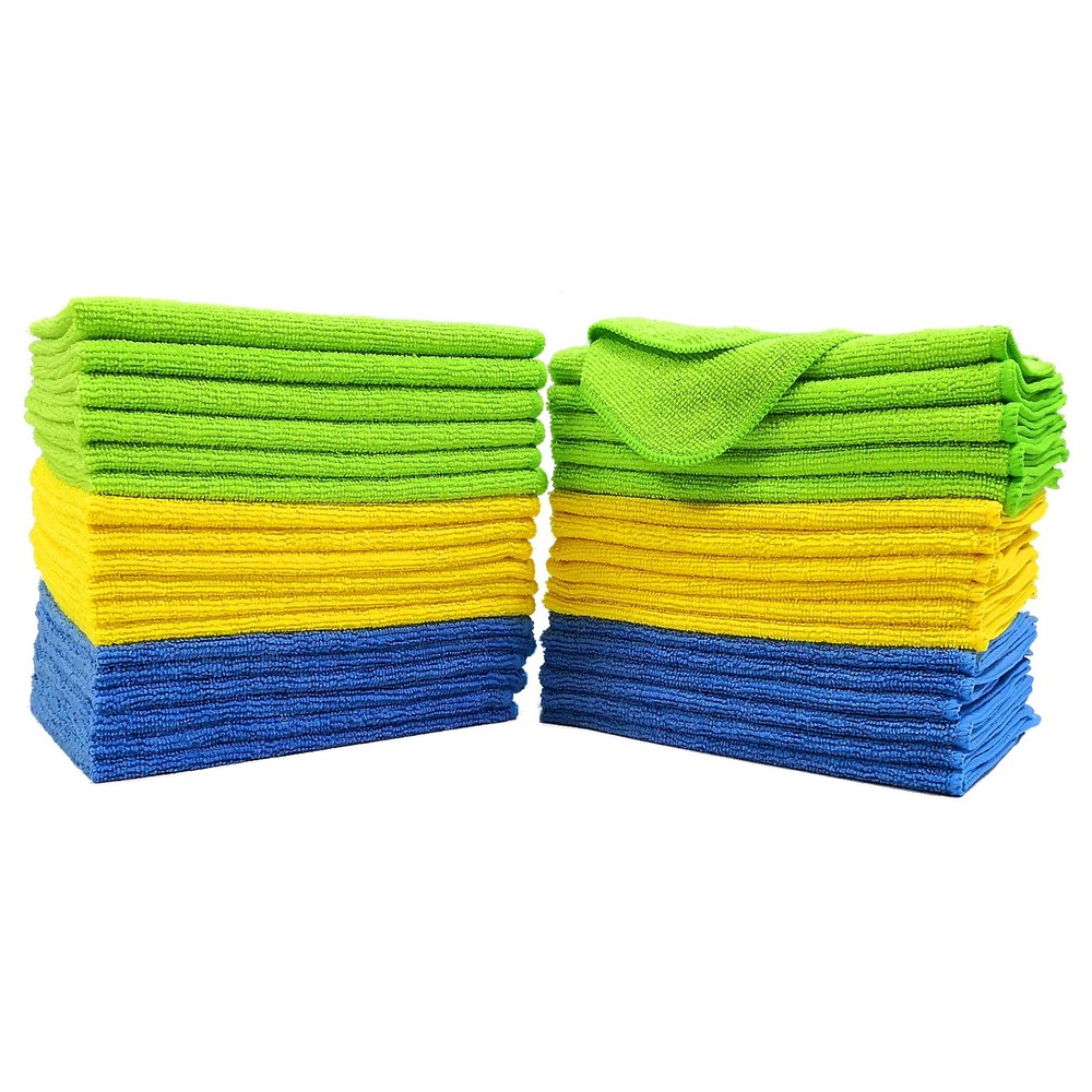 Premium 36-Pack Microfiber Cleaning Cloths 12x16 in Blue Green Yellow