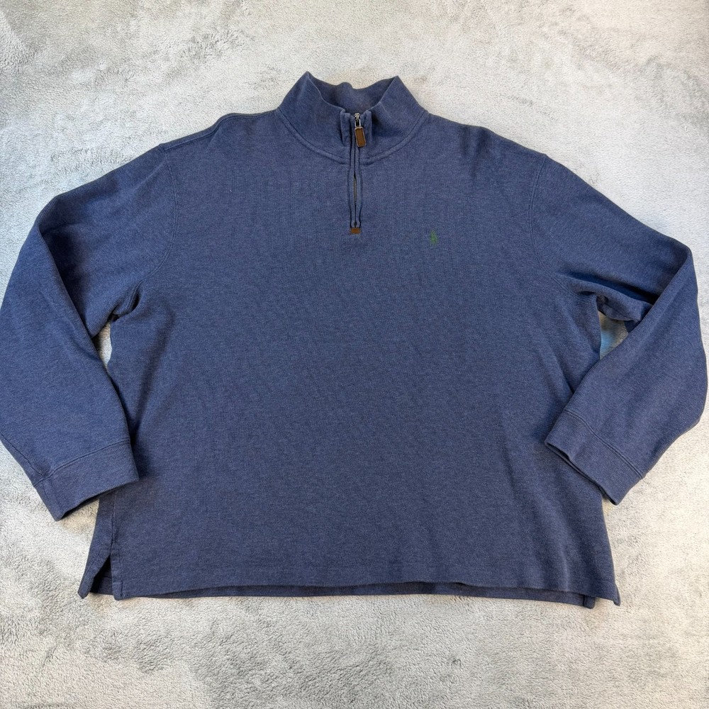 Polo Ralph Lauren Quarter Zip Men’s XXL Blue Heather Cotton Pullover Green Pony