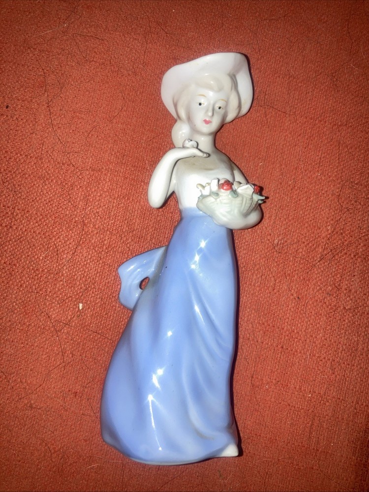 Porcelain Ceramic Lady Figurine, Victorian Style, Blue & White