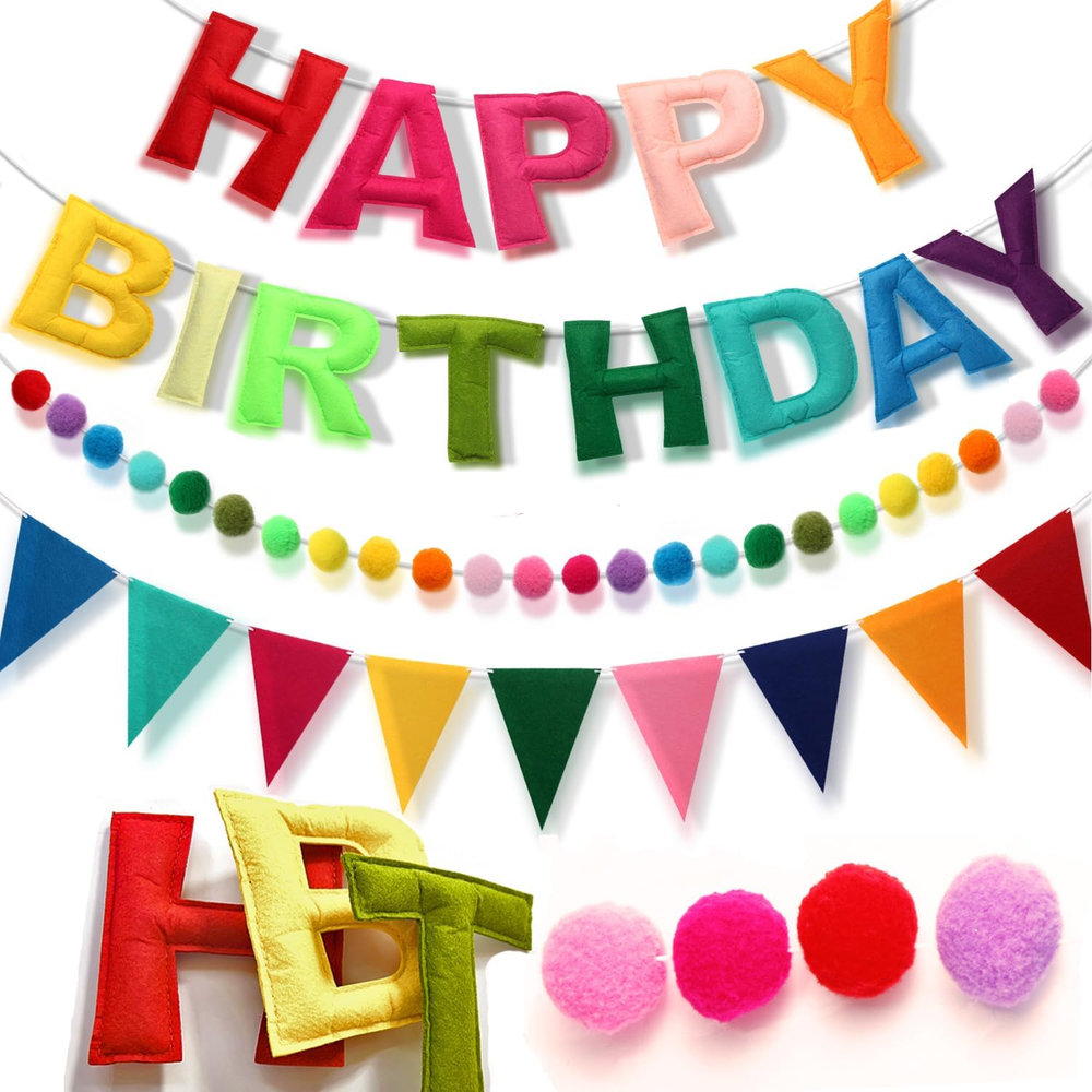 Pre-Strung Happy Birthday Banner, Felt Ball Garland HAPPY BIRTHDAY Garland, Rain