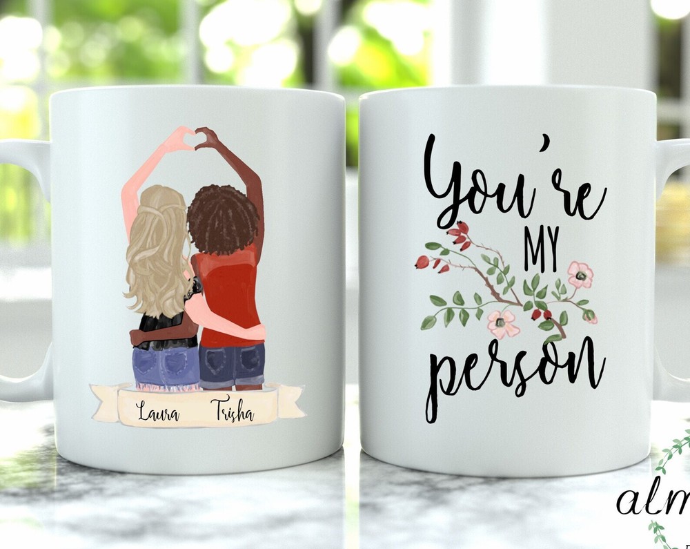 Personalized Best Friend Mug - Custom Heart Besties Coffee Cup With Hair Choice  