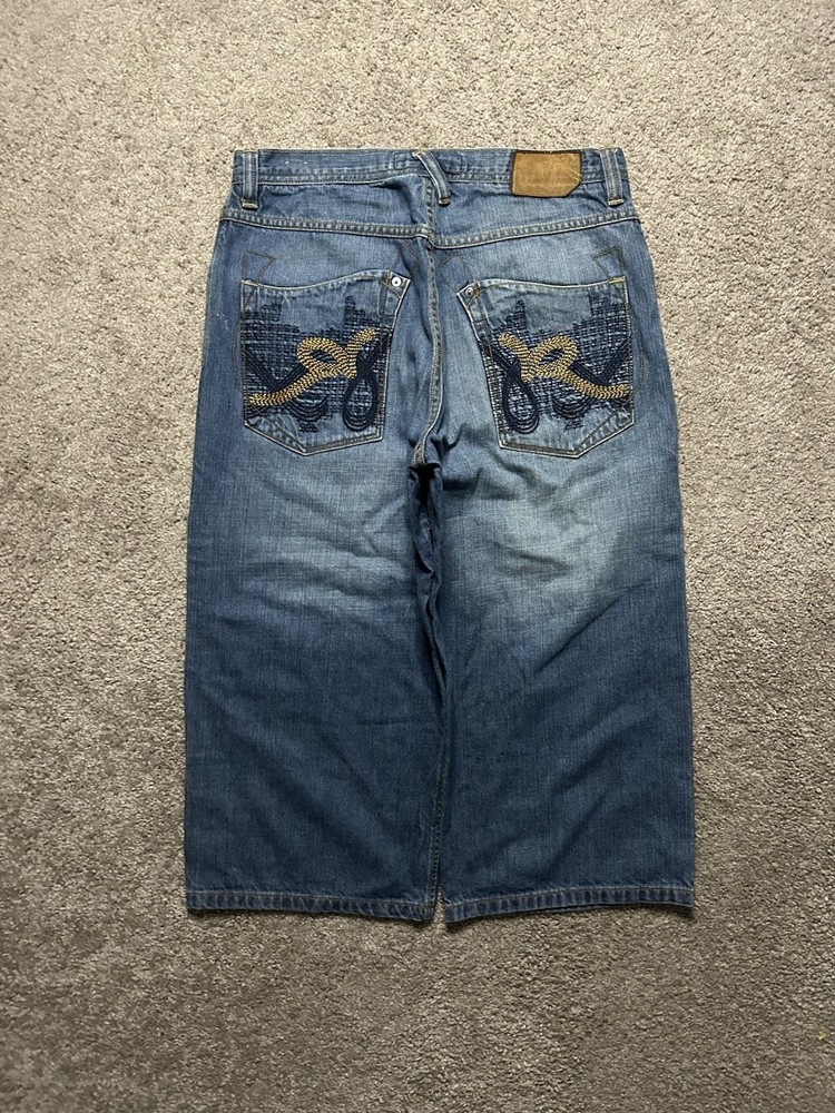 Vintage Rocawear Jorts Mens 34 Blue Baggy Shorts Hip Hop Skater Cyber Y2K