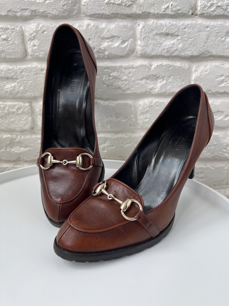 Gucci Brown Leather Horsebit Loafer Pumps Womens Size 37.5 Made in Italy