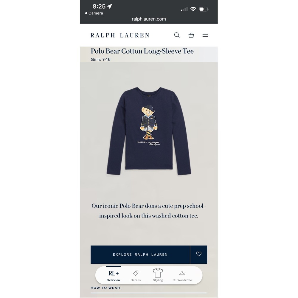 Polo Ralph Lauren Girls Navy Blue Polo Bear Prep School Cotton Long Sleeve Tee 7
