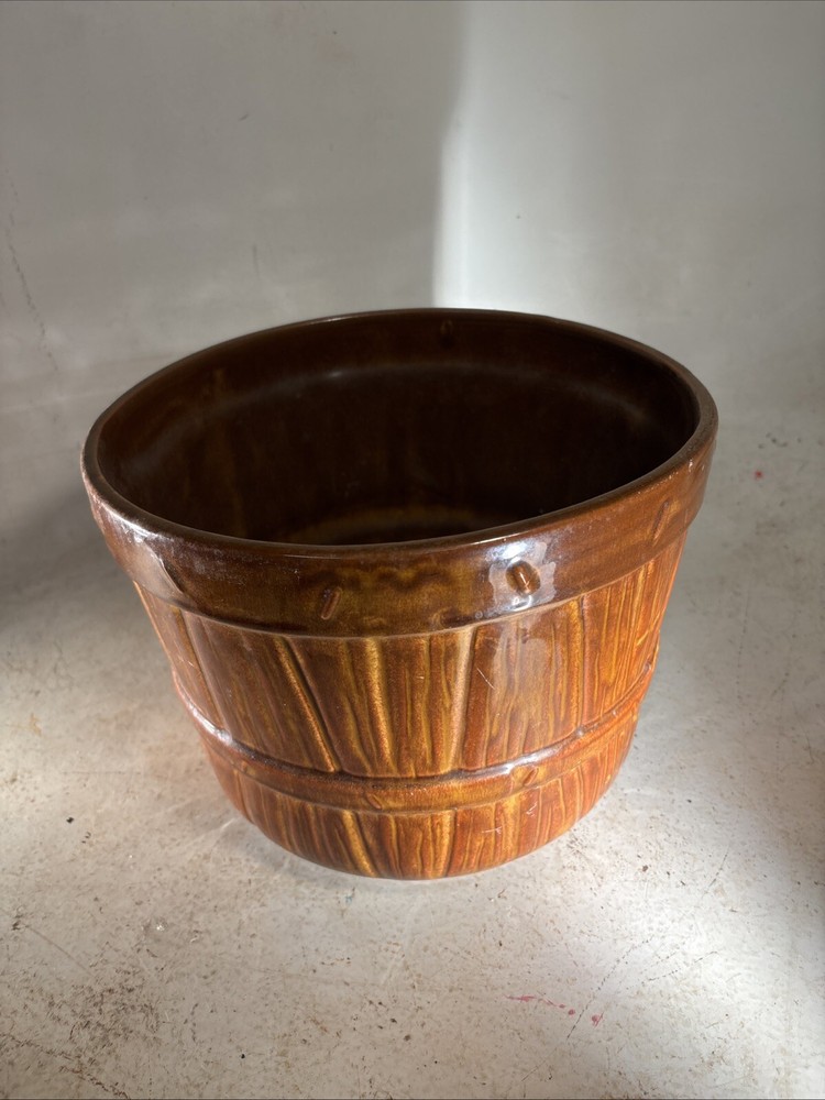 Vintage Large McCoy USA Brown Tan Gold Blended Glaze Bucket Quilted Jardiniere