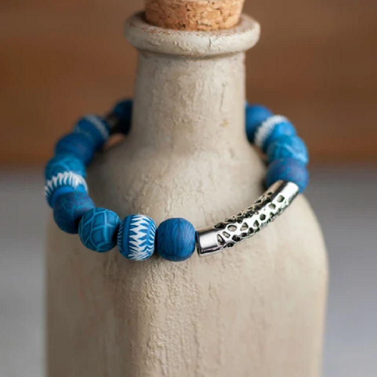 NAVAJO BLUE Silver-Tone PACIFICA Stretch Bracelet with Handmade Clay Beads by Jilzarah