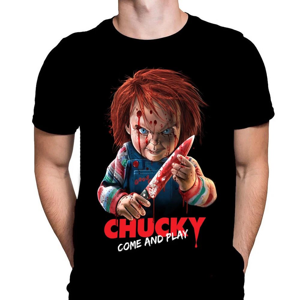 Chucky Halloween T-Shirt - COME & PLAY - Black T-Shirt - Sizes S - 4XL