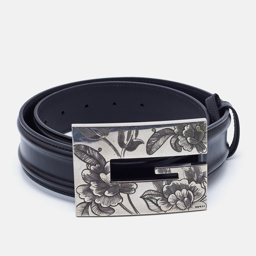 Gucci Black Leather Floral Wide G Buckle Belt 80cm