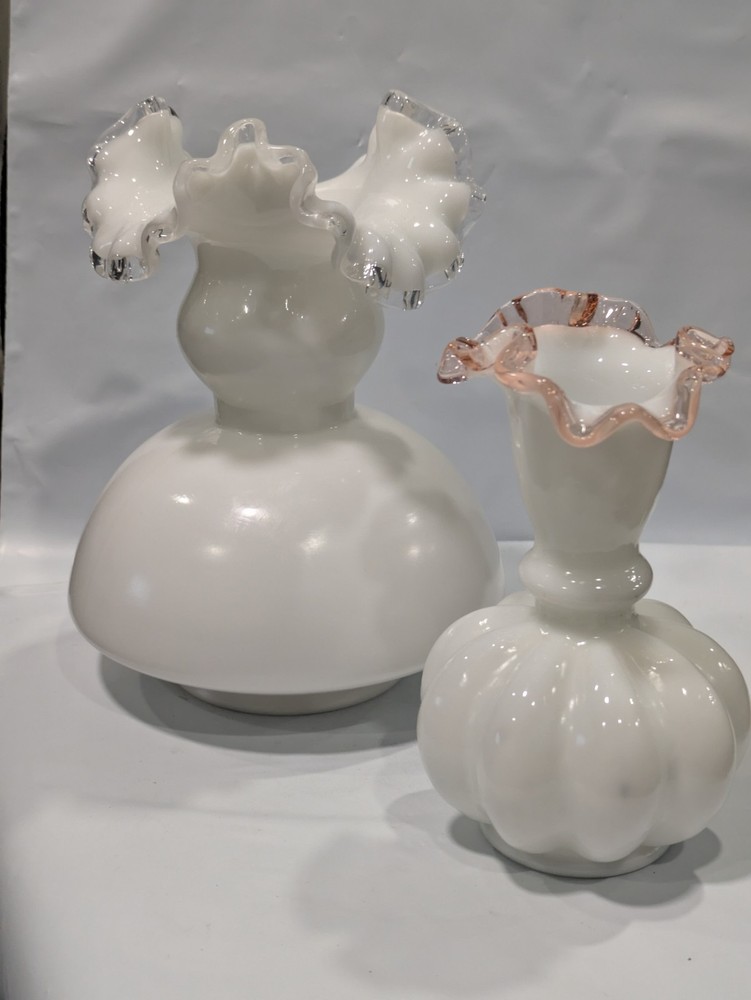 Fenton Art Glass Lot of 2 Vases: Rose Crest Melon & Silver Crest Ruffled White