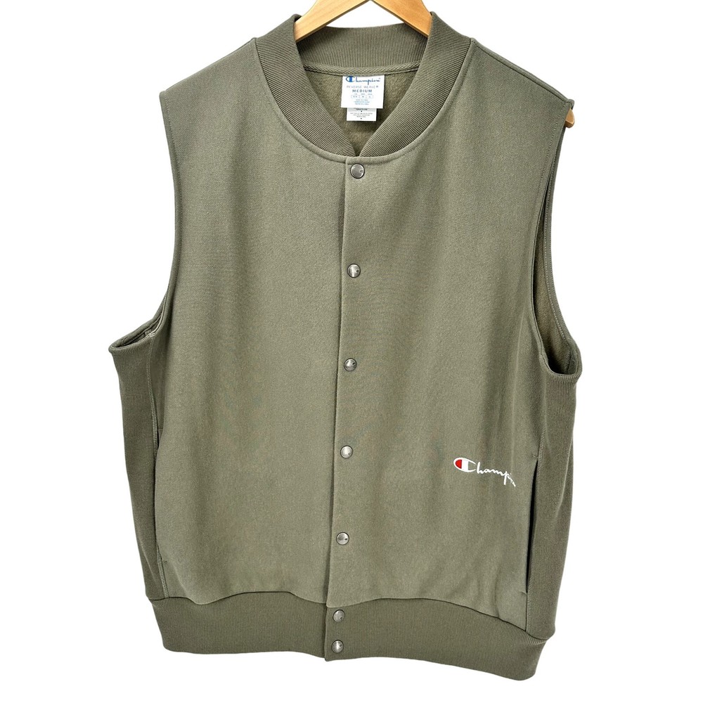 Champion Vest Jacket Mens Medium Green Snap Up + Pockets Reverse Weave