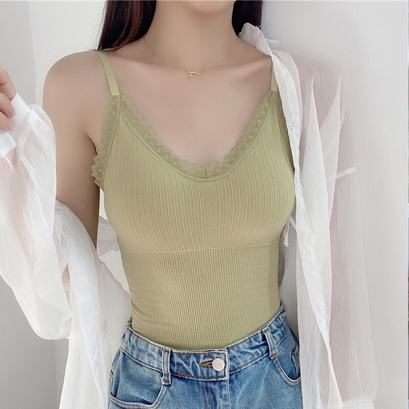 Ladies Plain Cotton Vest Top Lace Trim Neck Design Tank Strappy Camisole Comfy