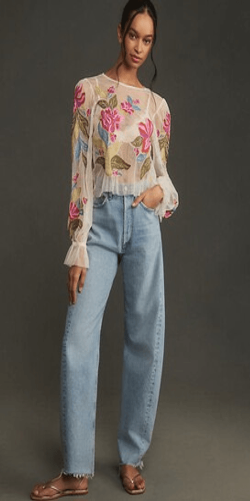 Anthropologie The Layla Long-Sleeve Applique Mesh Blouse