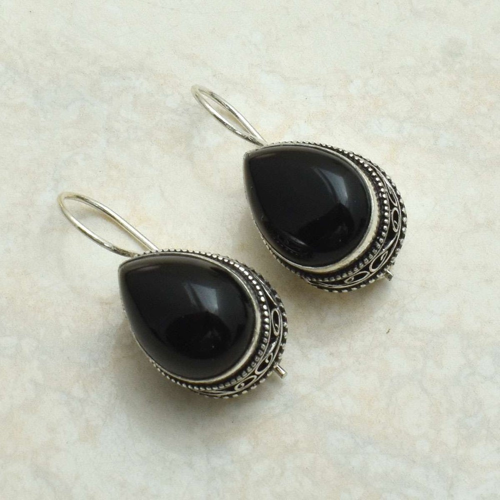 Black Onyx Gemstone Drop Dangle Antique Design Earrings Jewelry 1.44