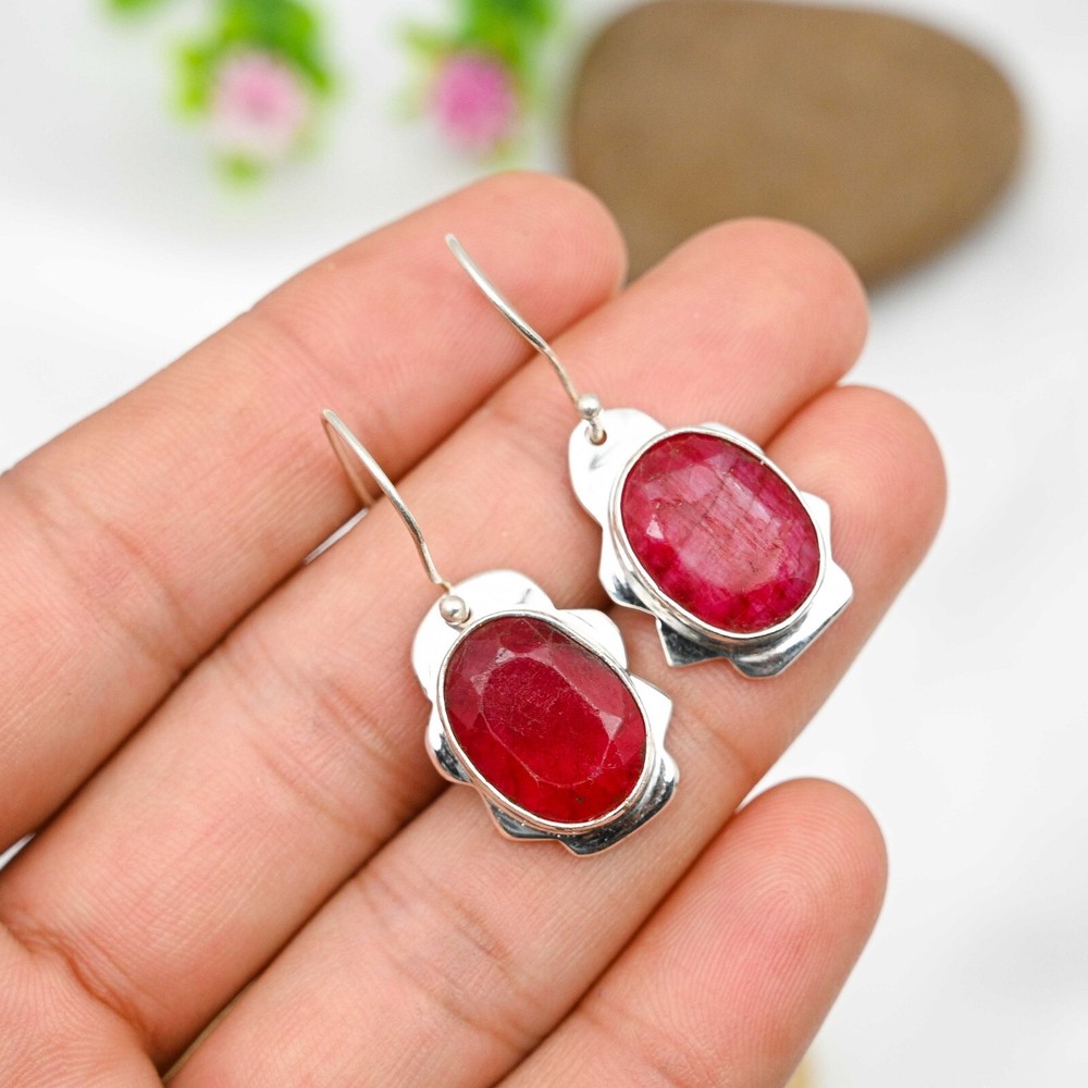 Lab-Created Ruby Gemstone Earrings Handmade 925 Sterling Silver Jewelry For Gift
