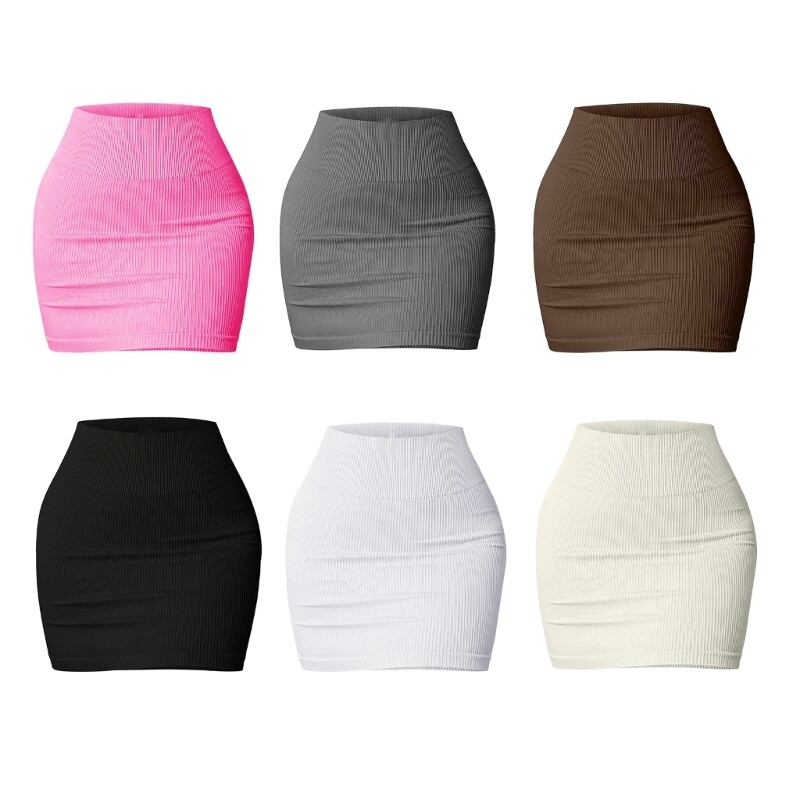 Women s Basic Ribbed Knit Stretchy Elastic Short Mini Pencil Bodycon Skirt