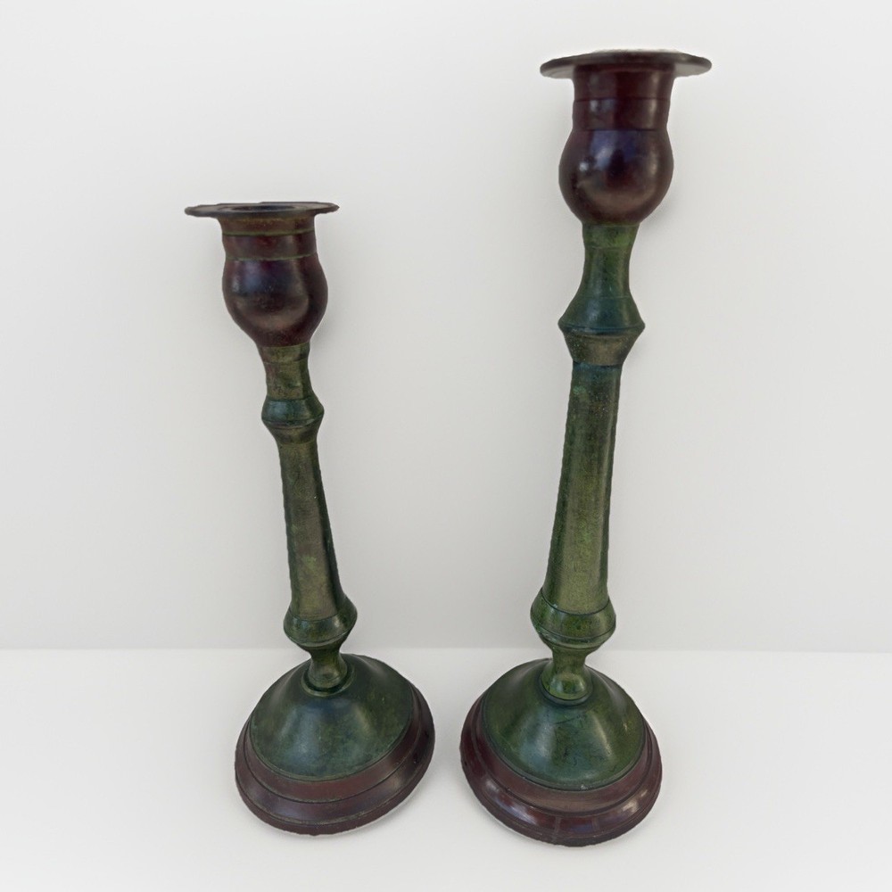 Moody Green Verdigris Cast Metal  Candlestick Holder Pair Revival Decor