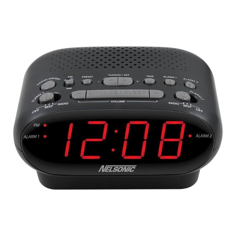 NELSONIC Digital AM/FM Alarm Clock Radio with Red LED Display in Black