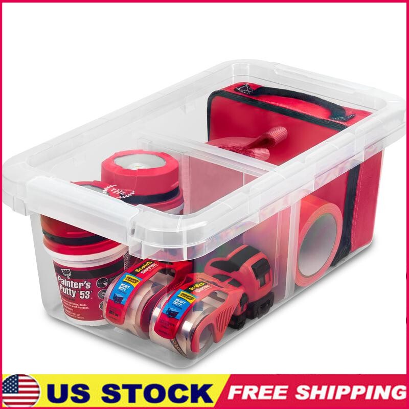 Clear Plastic Storage Bins W/ Dividers Set of 4 Stackable Organizers Adjustable