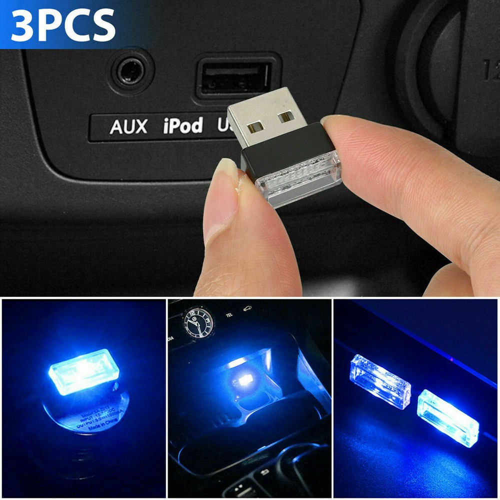 3x Blue Accessories USB LED Car Interior Light Neon Atmosphere Ambient Lamp Bulb
