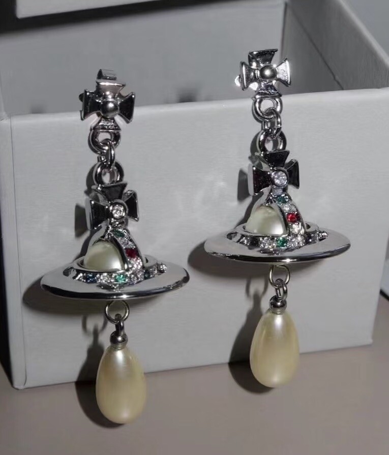 Vivienne Westwood Nana Drop Pearl Earrings Silver Orb with Box 302