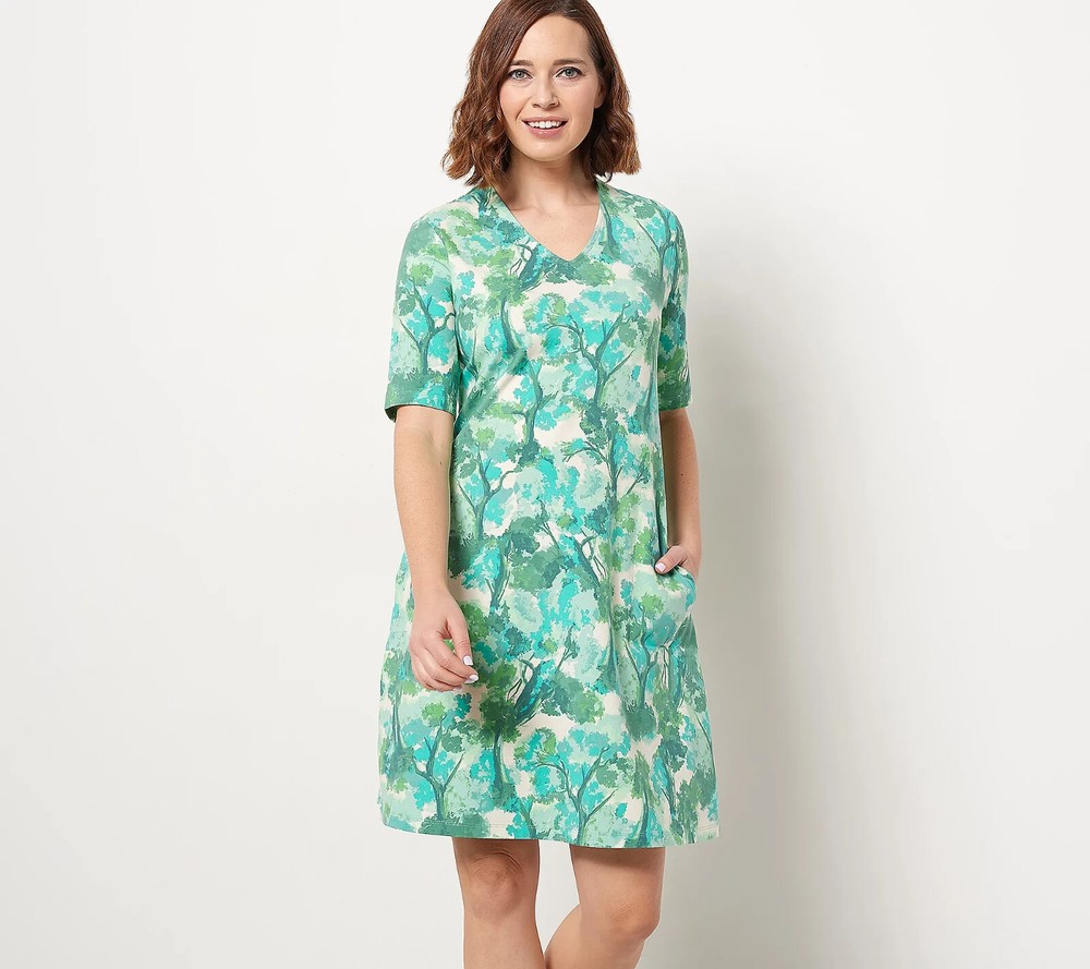 Isaac Mizrahi Live! Regular Printed V-Neck Swing Dress w/ Elbow Sleeves Green M