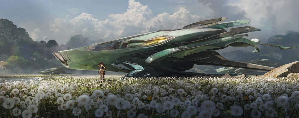 Playmat Desk Mat Anime art illustration spaceship landscape clouds field Play