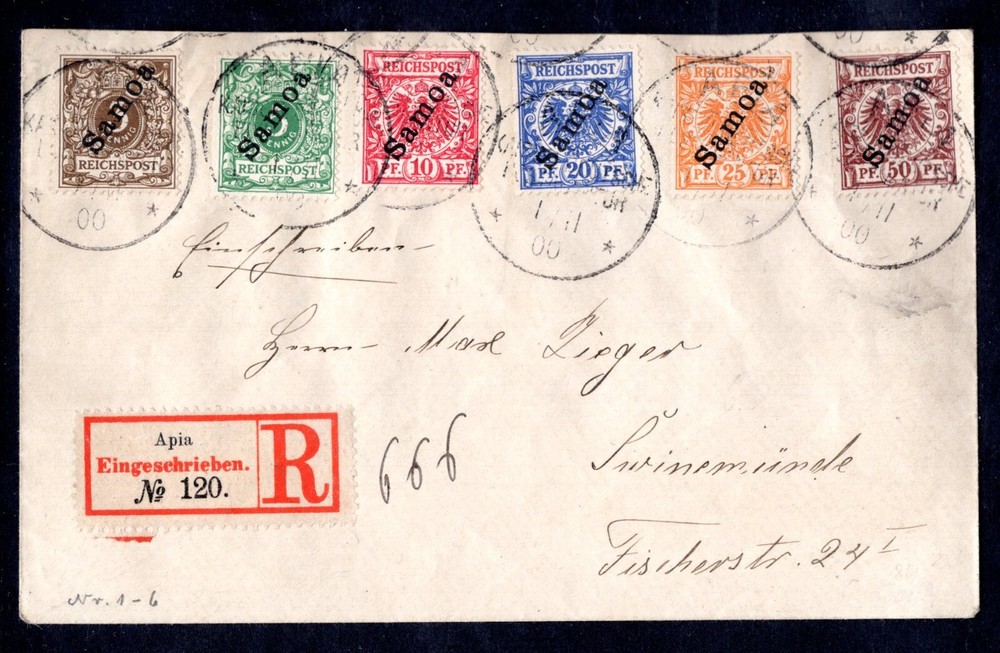 GERMANY SAMOA 1900 REGISTERED APIA FRANKED COMPLETE SET SC. #1-6 TO SWINEMÜNDE