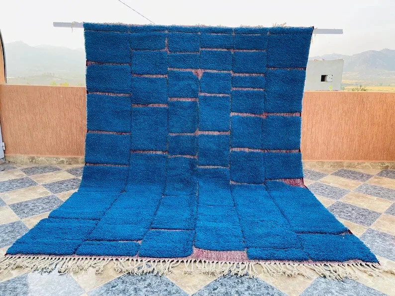 Custom Moroccan Berber Beni Ourain Wool Rug Color Blue Handmade Area Carpet Rug