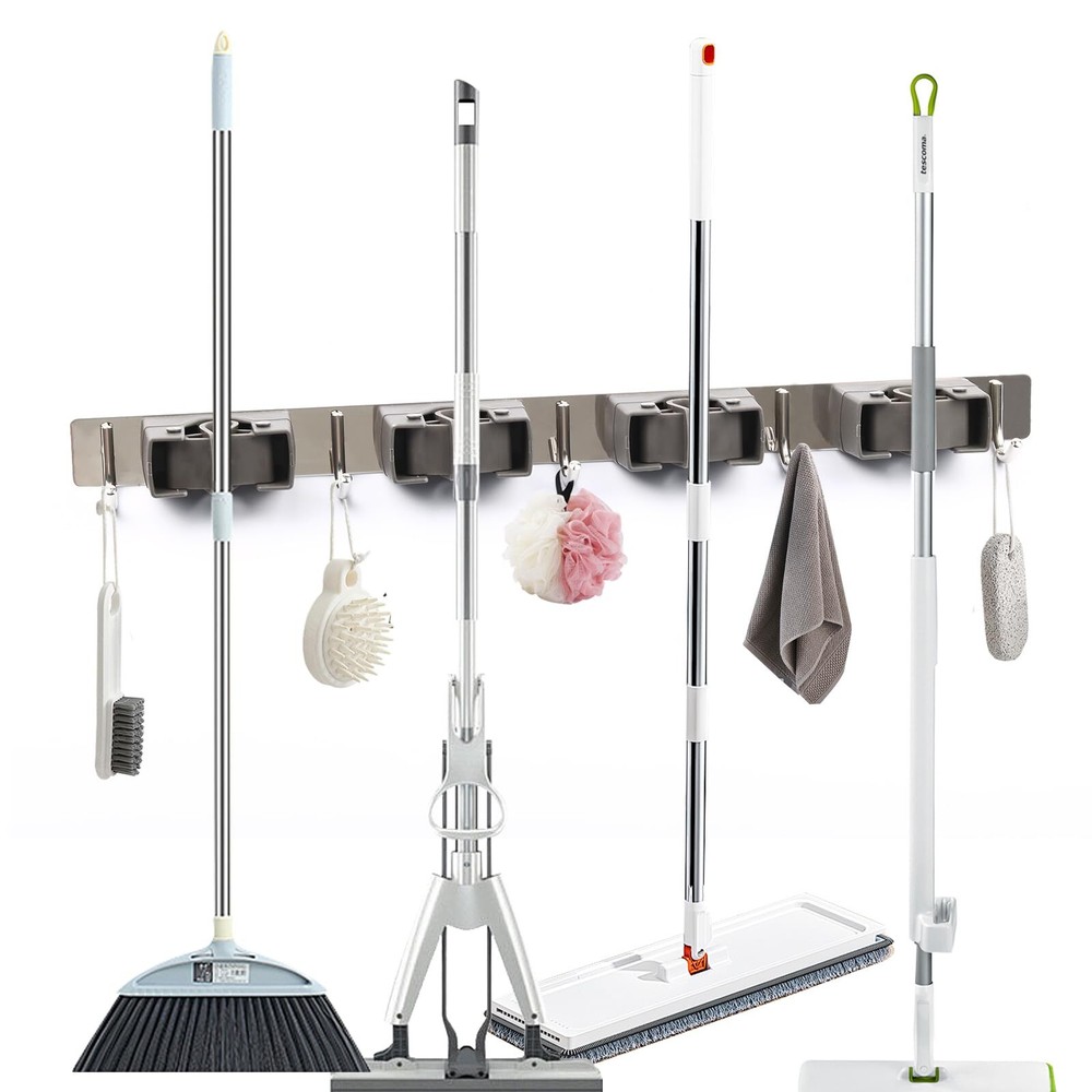 5-Rack Wall Mount Mop & Broom Holder with 6 Hooks for Organizing Cleaning Tools