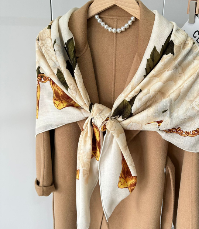 70% Cashmere & 30% Silk Wrap Scarf Shawl white flower Bandana Kerchief 130X130cm