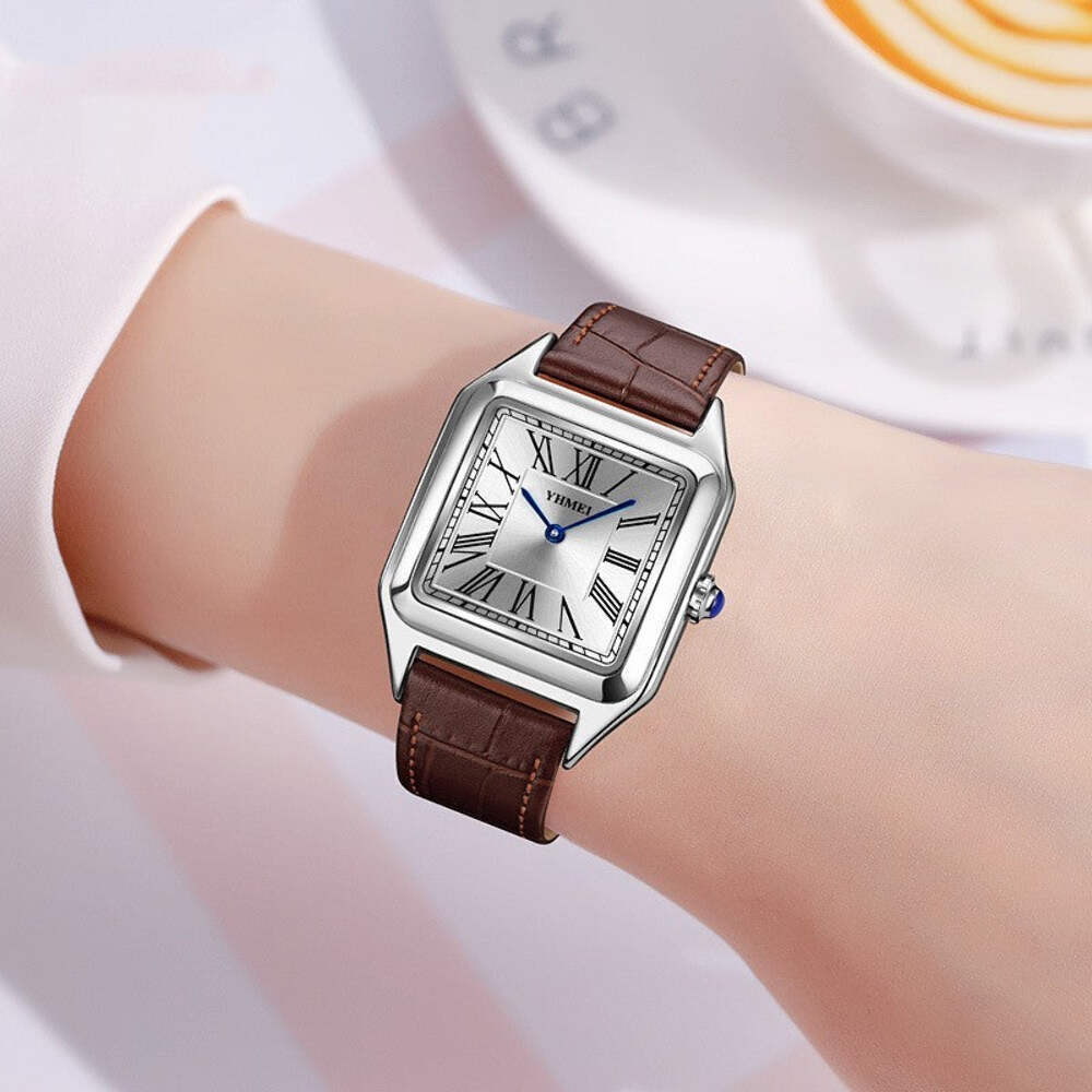 Stylish Square Dial Women's Genuine Leather Strap Quartz Watch in Brown, Blue, o