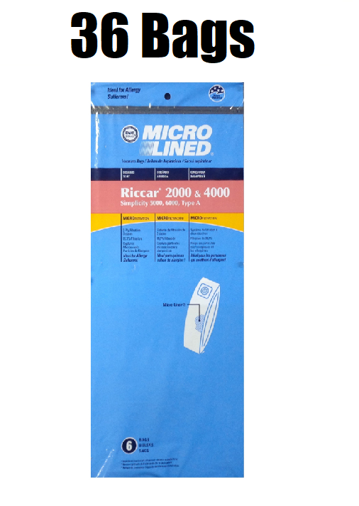(36) Microlined Vacuum Bags for Riccar 2000, 4000 Uprights Type A